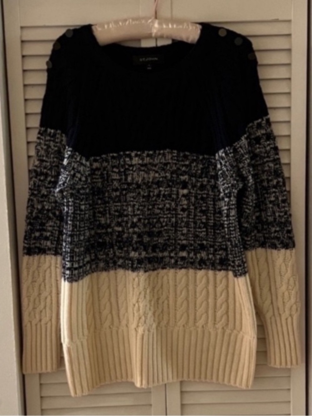 St. John Wool Color Block Cable Knit Crewneck Sweater Medium